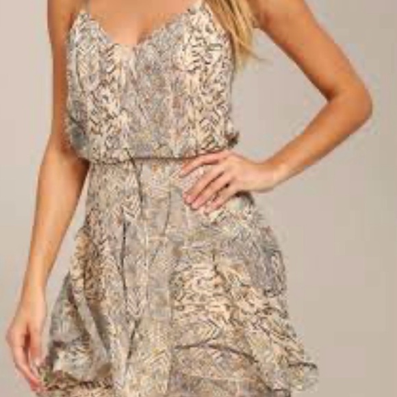 Lulus Strappy Sleeveless Tanis Beige Glitter Dot Print Skater Mini Dress - Picture 7 of 10